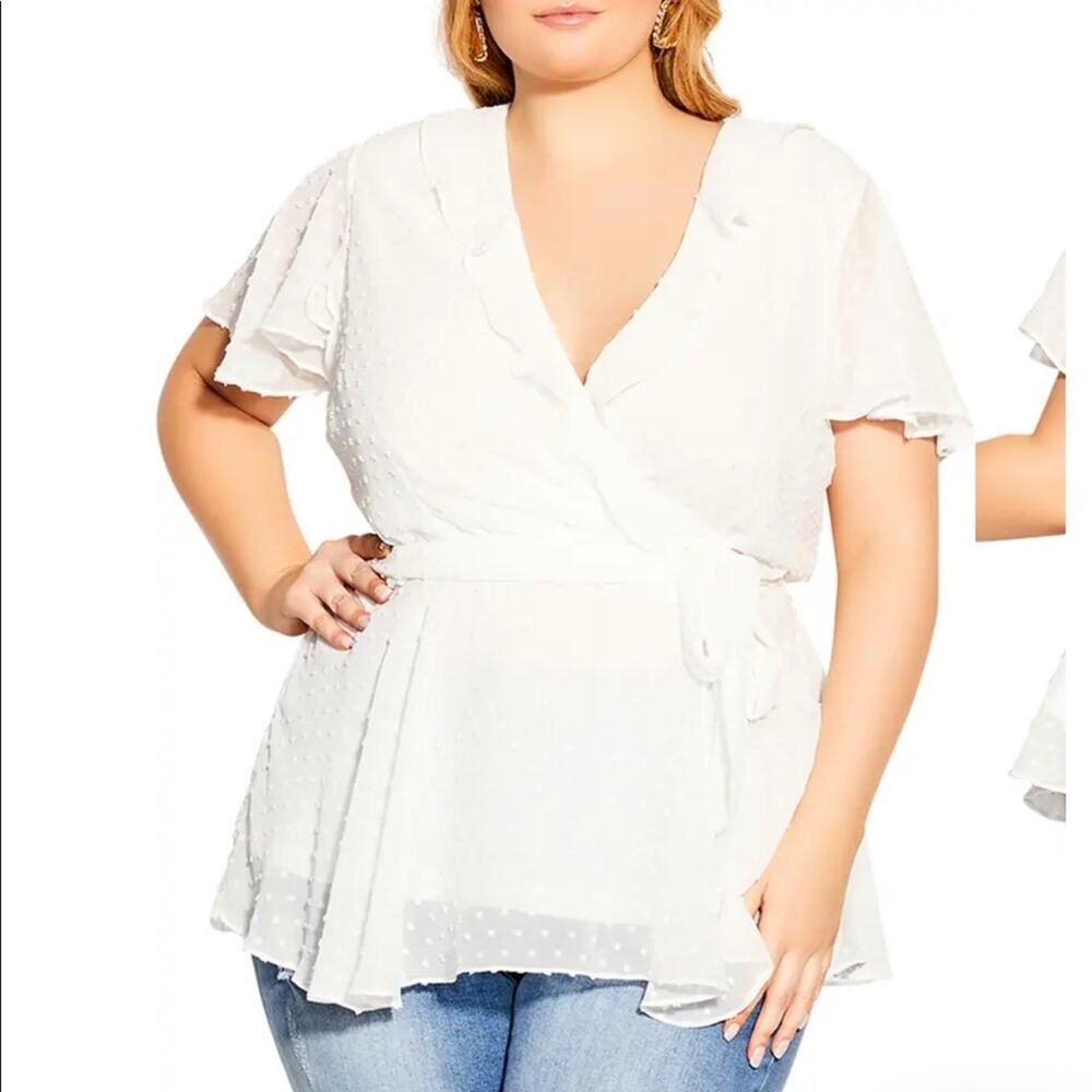 CITY CHIC White Clip Dot Chiffon Overlay Blouse